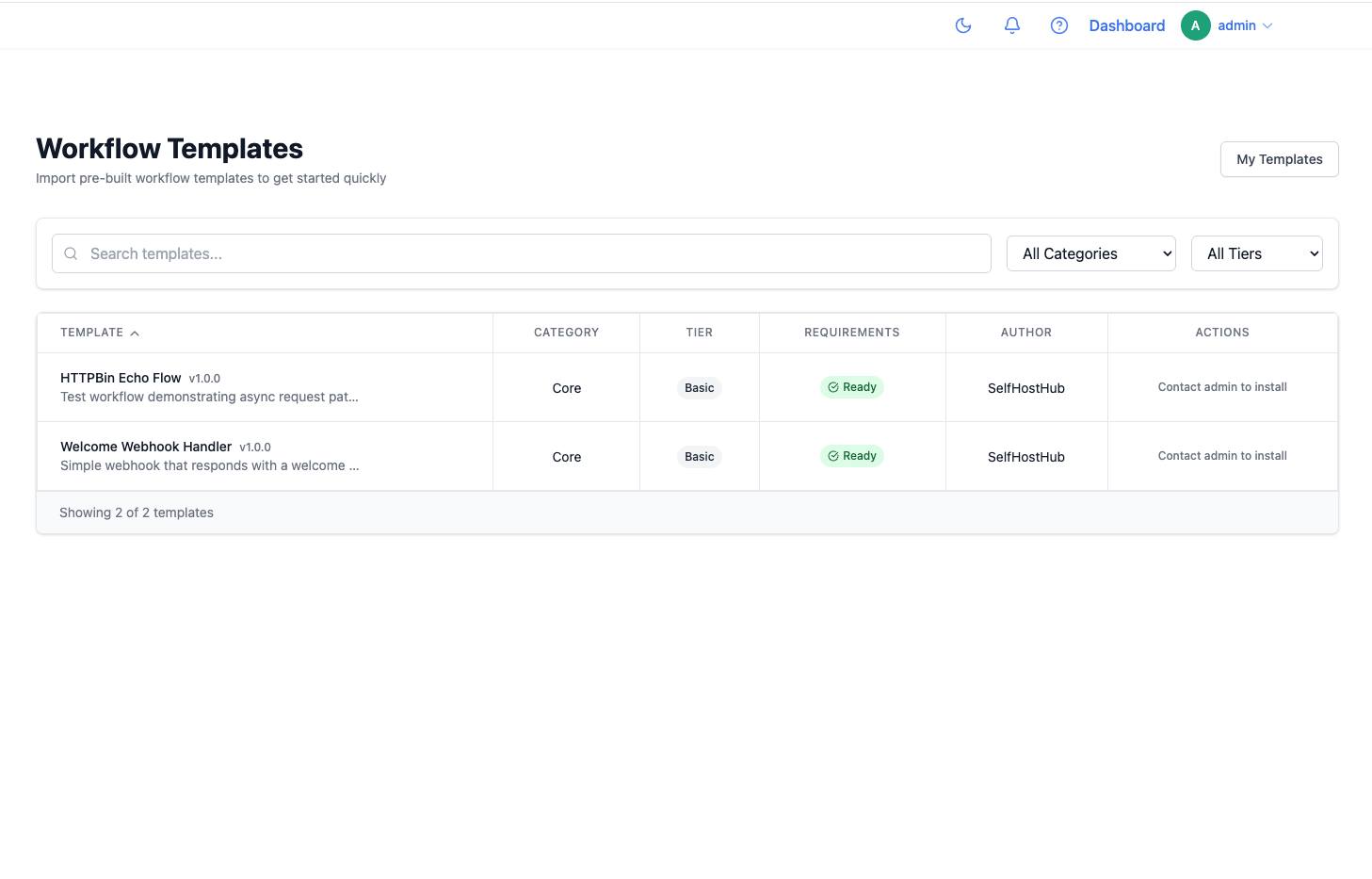 Template marketplace with one-click install