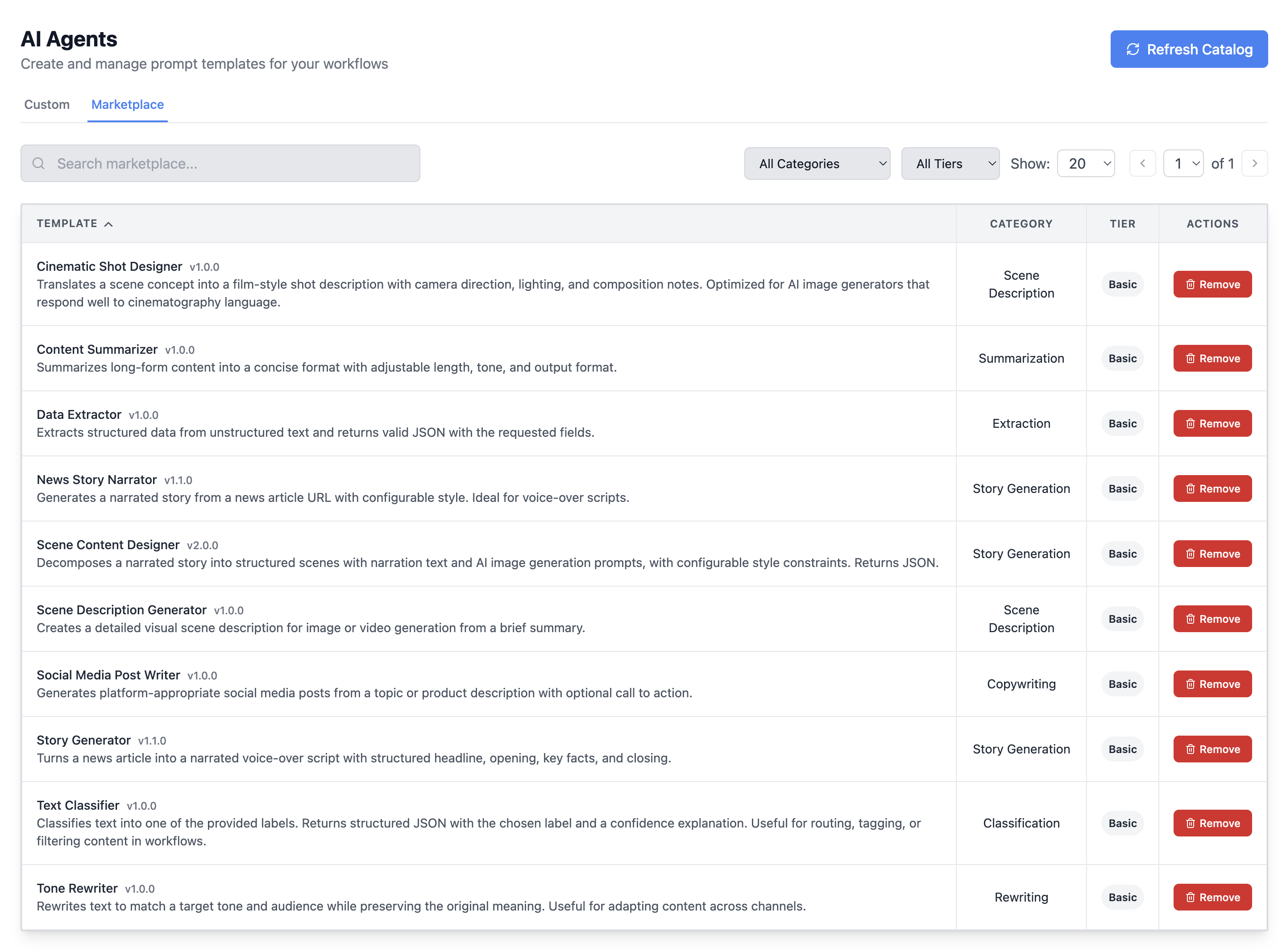 AI Agents prompt template marketplace with categories and tiers